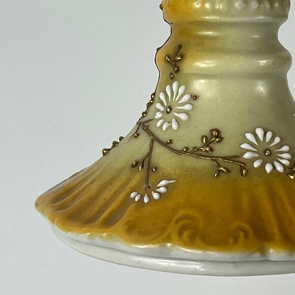 Antique Candlestick Candle Holder Yellow Brown White Daisy Hand Painted Gold - Picture 10 of 14